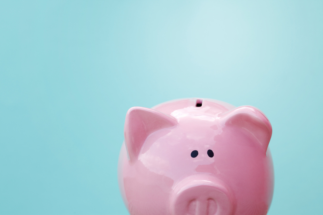 Piggy bank on green background