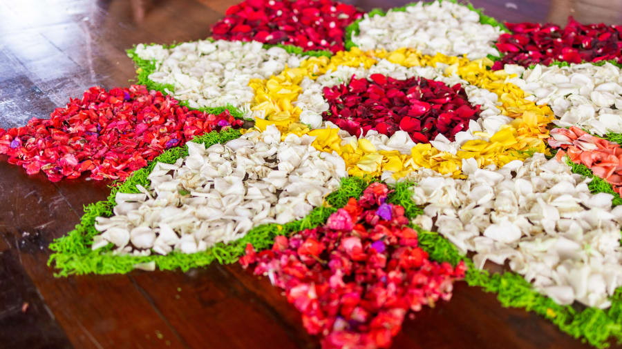 A flower offering laid out in welcome at the villa